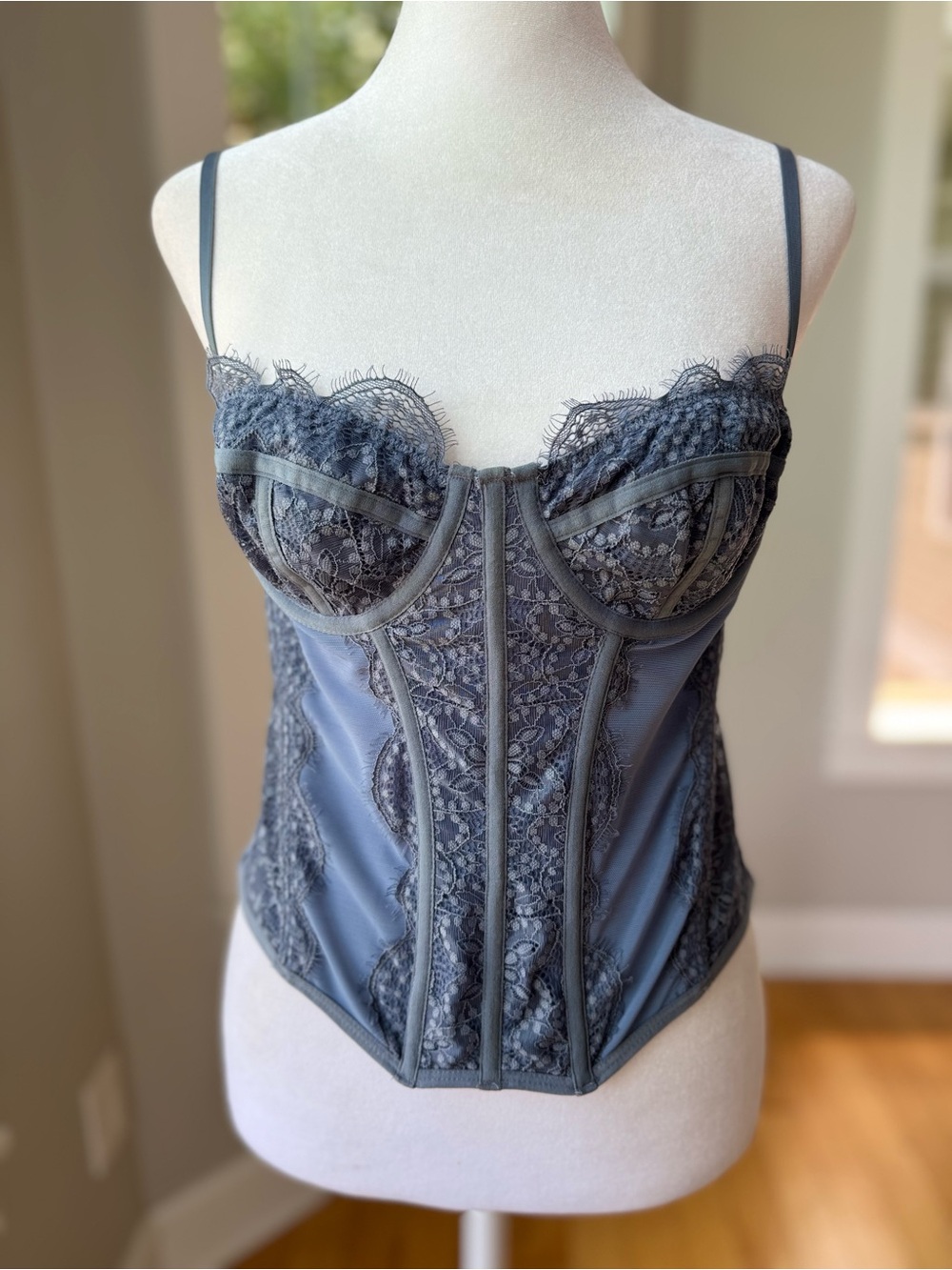 Anthropologie Out From Under Slate Blue Lace Trim Corset Camisole Top Sz Large